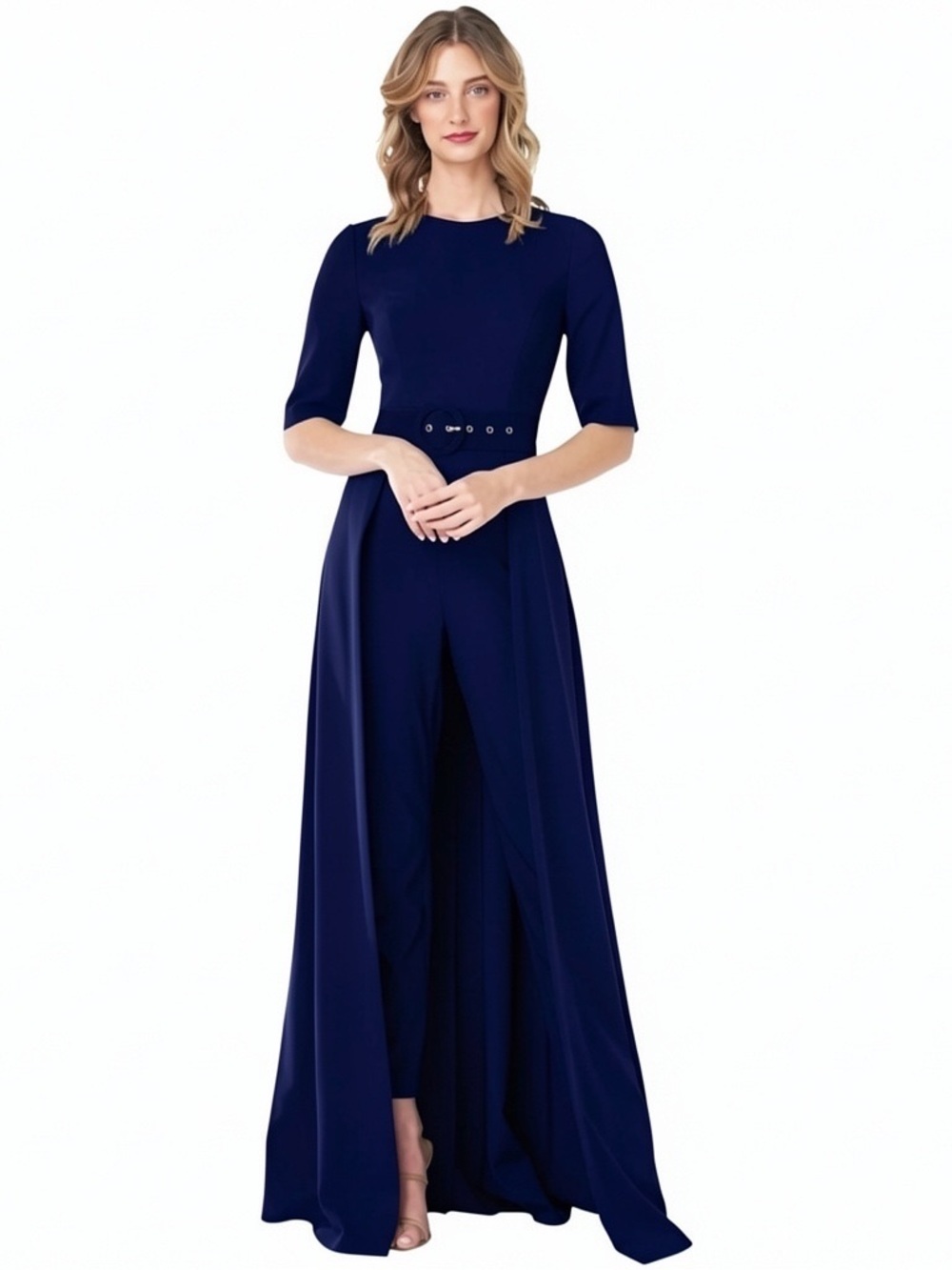 KAY UNGER Sasha Navy Blue Walk Thru Jumpsuit Maxi Gown Overlay Skirt Belt Size 4